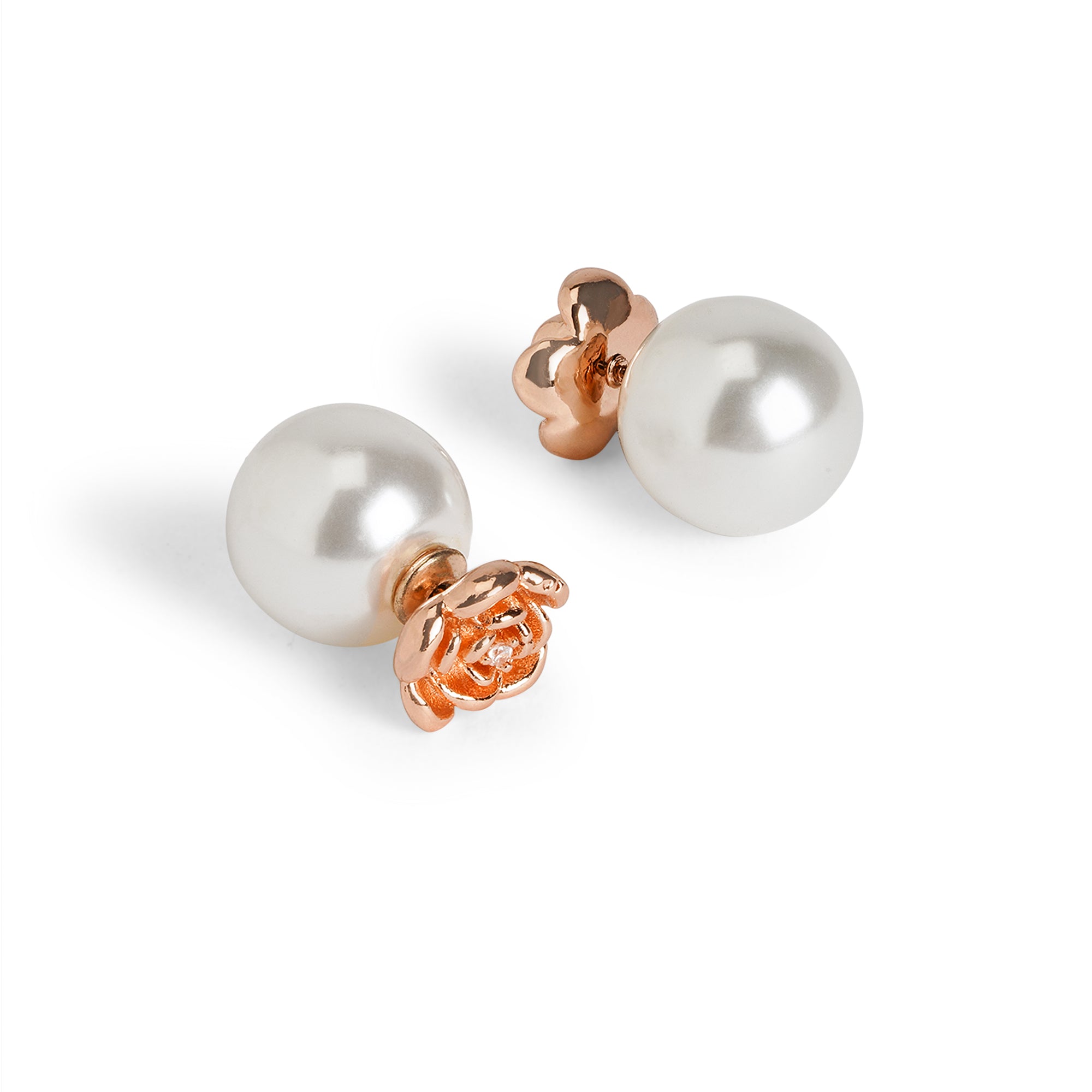 Stainless Steel Rose Gold Plated Pearls Beaded Floral Shaped Studs