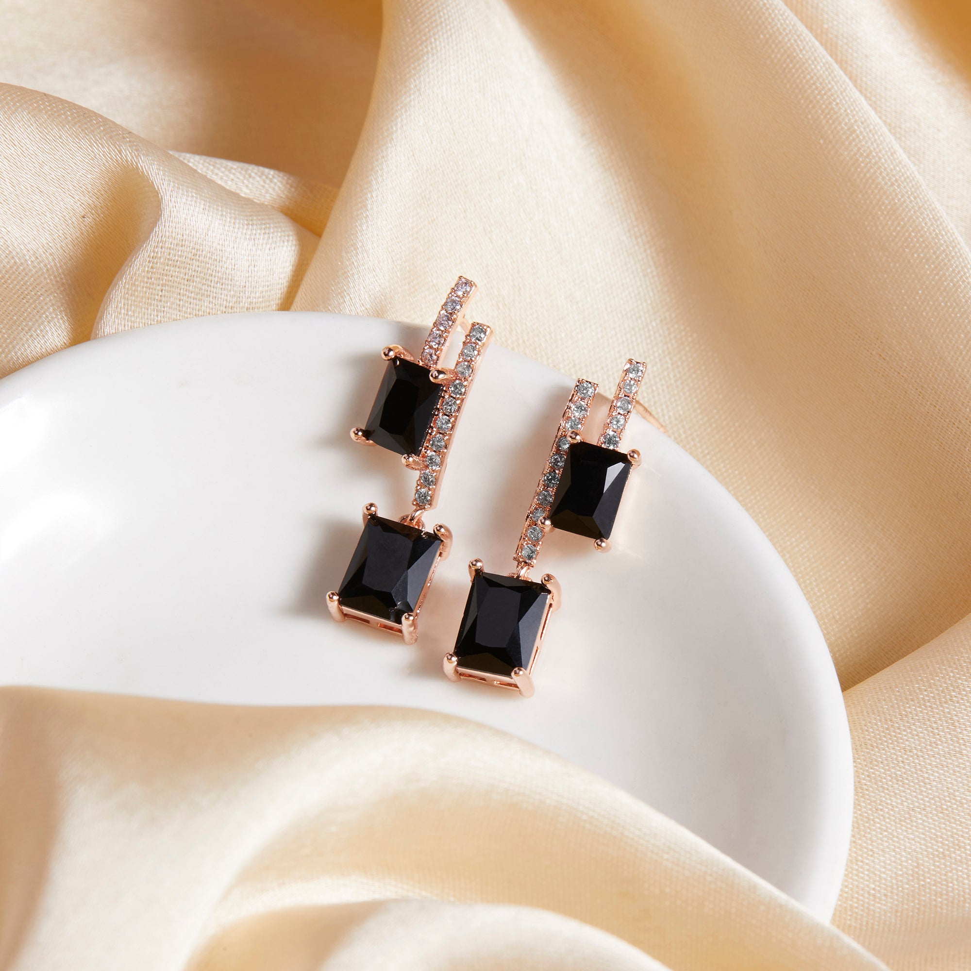 Stainless Steel Rose Gold Plated Artificial Studded Contemporary Drop Earrings