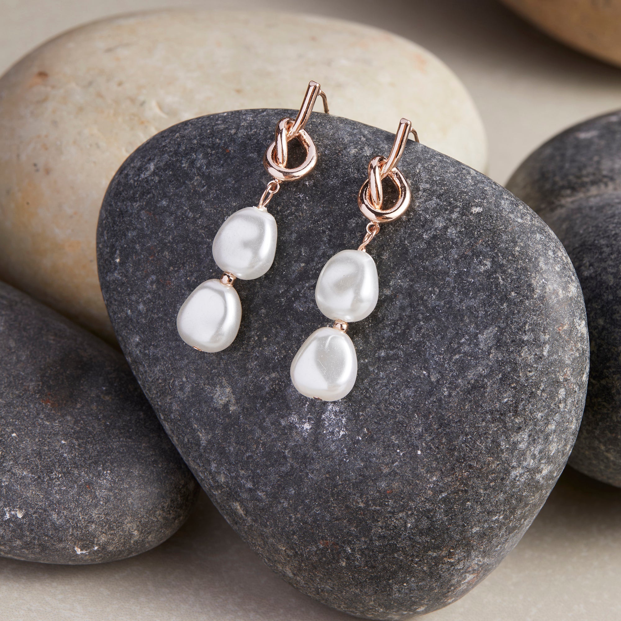 Stainless Steel Rose Gold Plated Pearls Beaded Contemporary Drop Earrings