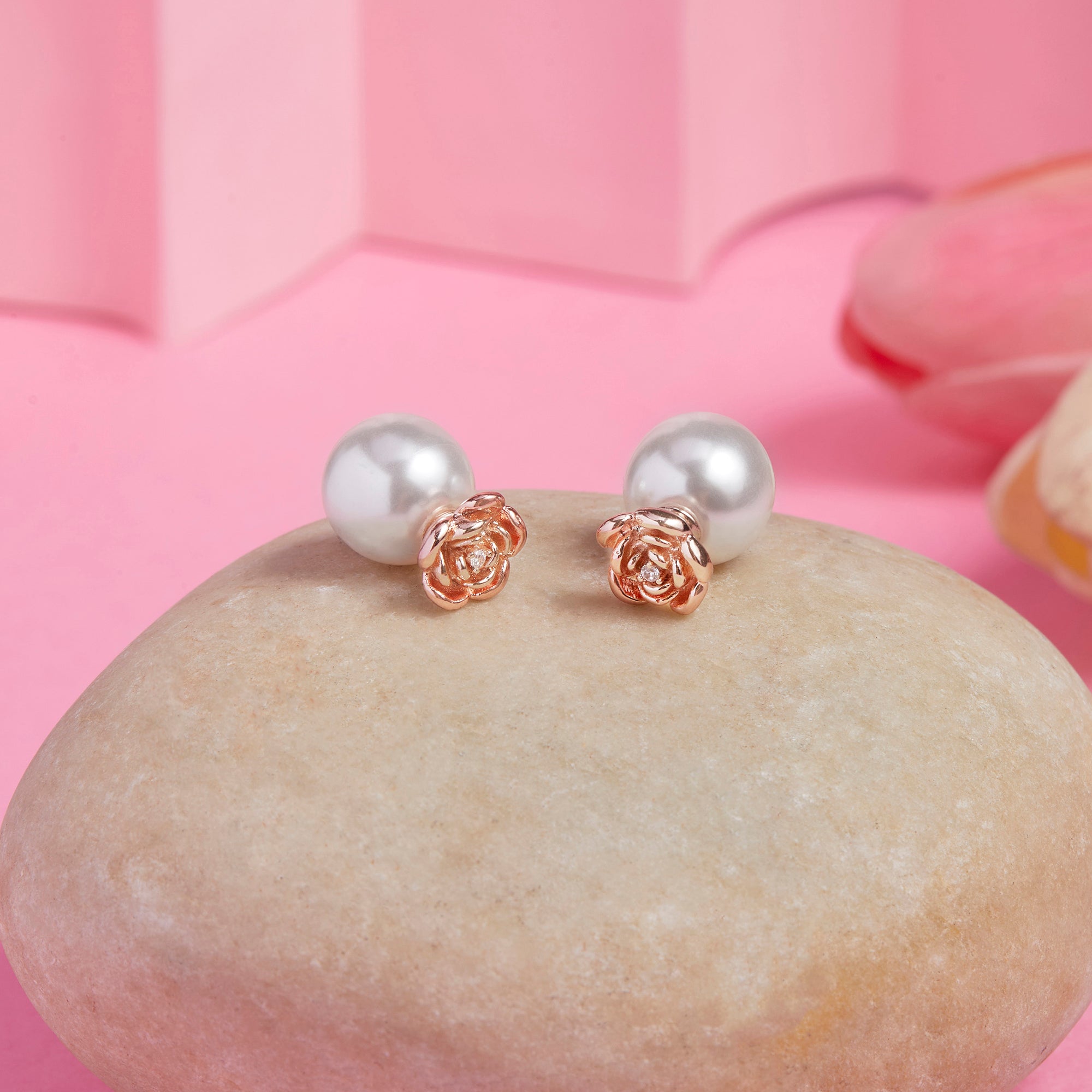 Stainless Steel Rose Gold Plated Pearls Beaded Floral Shaped Studs