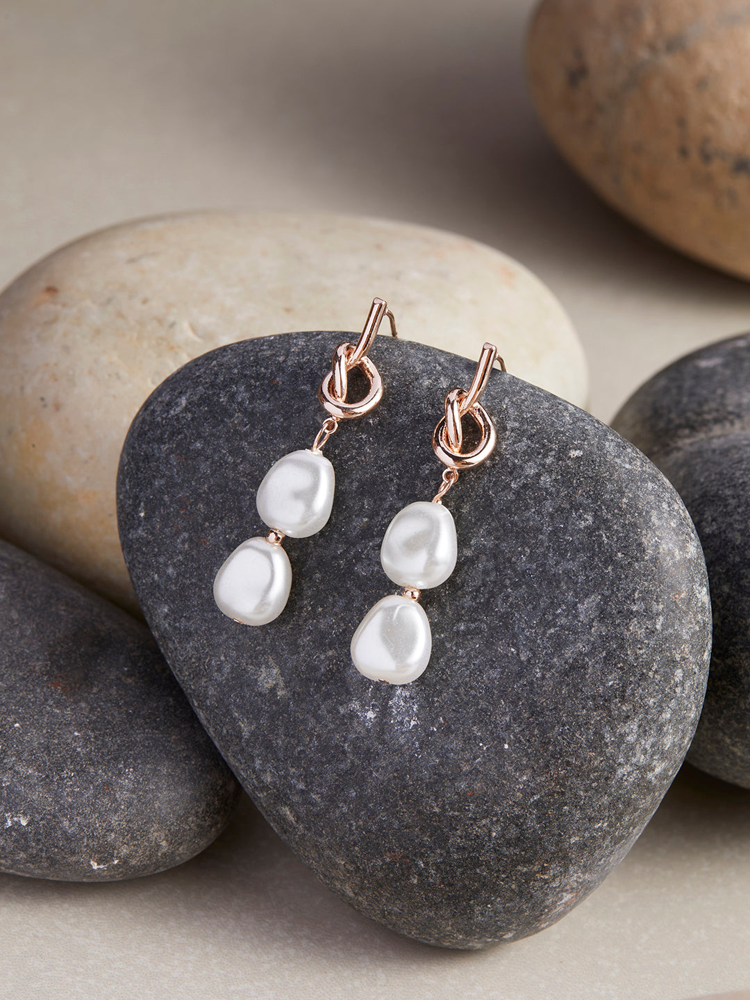 Stainless Steel Rose Gold Plated Pearls Beaded Contemporary Drop Earrings