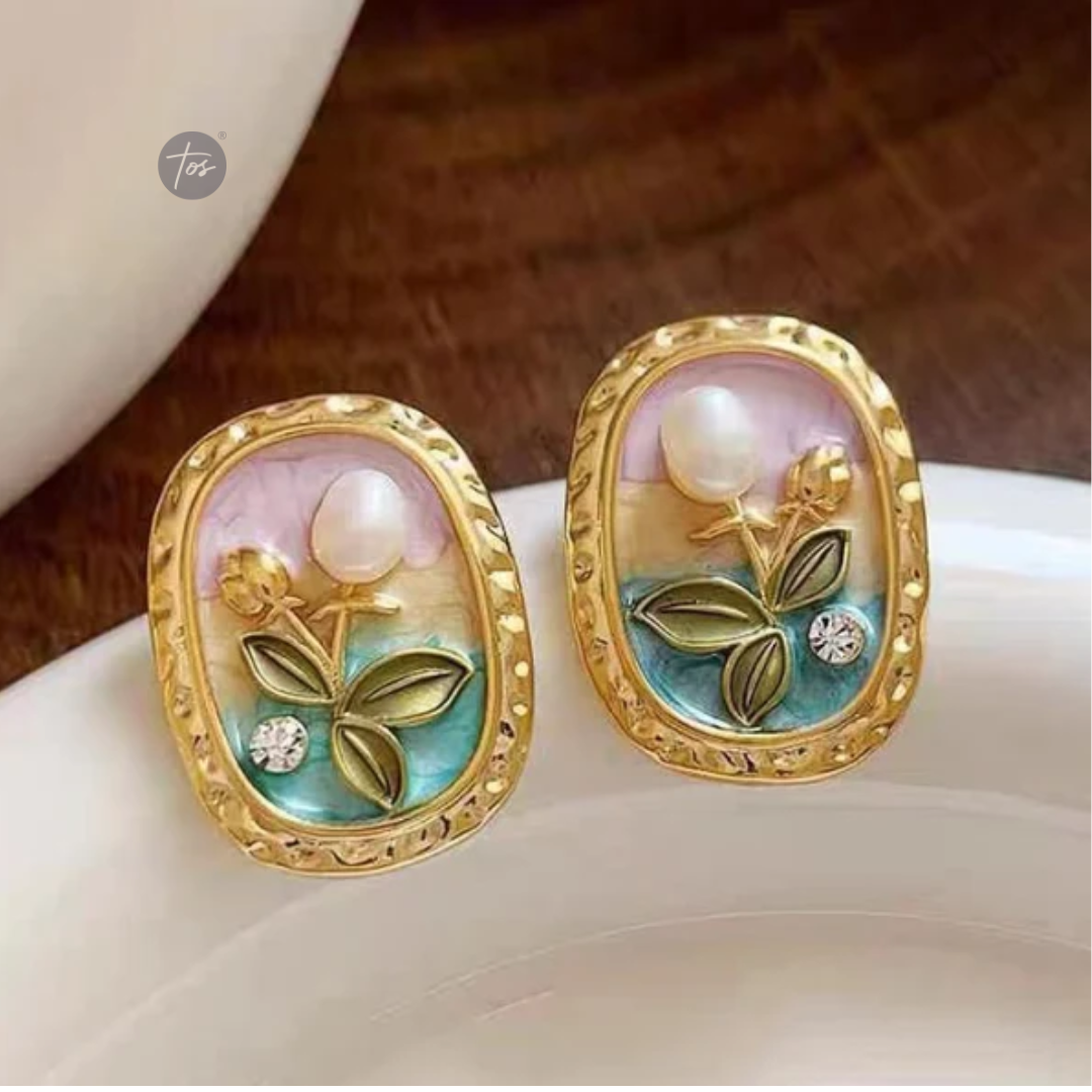 Oval Shape Flower stud Korean Earrings