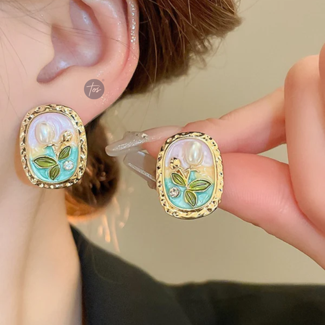 Oval Shape Flower stud Korean Earrings