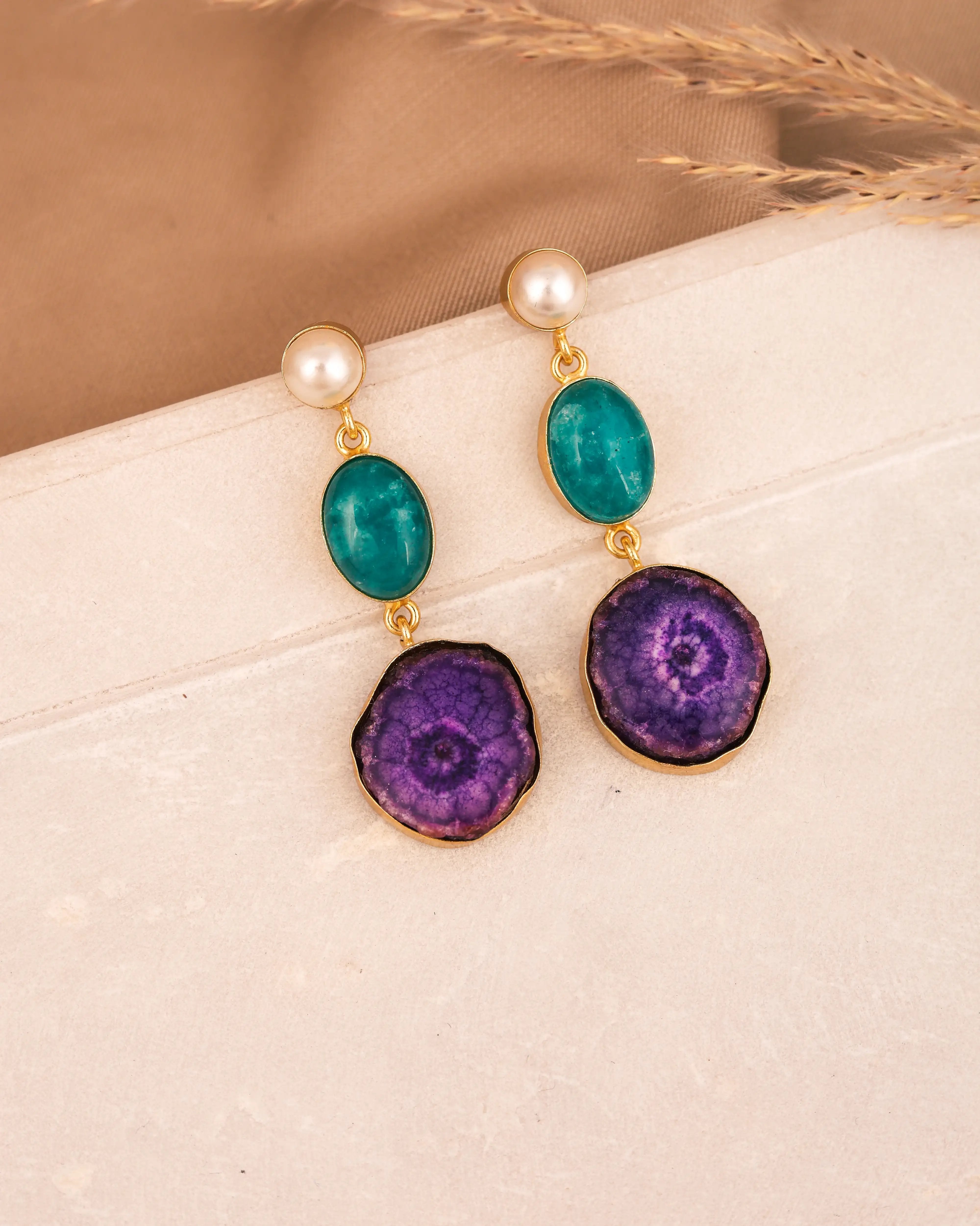 TOS Violet Agate and Green Stone Danglers