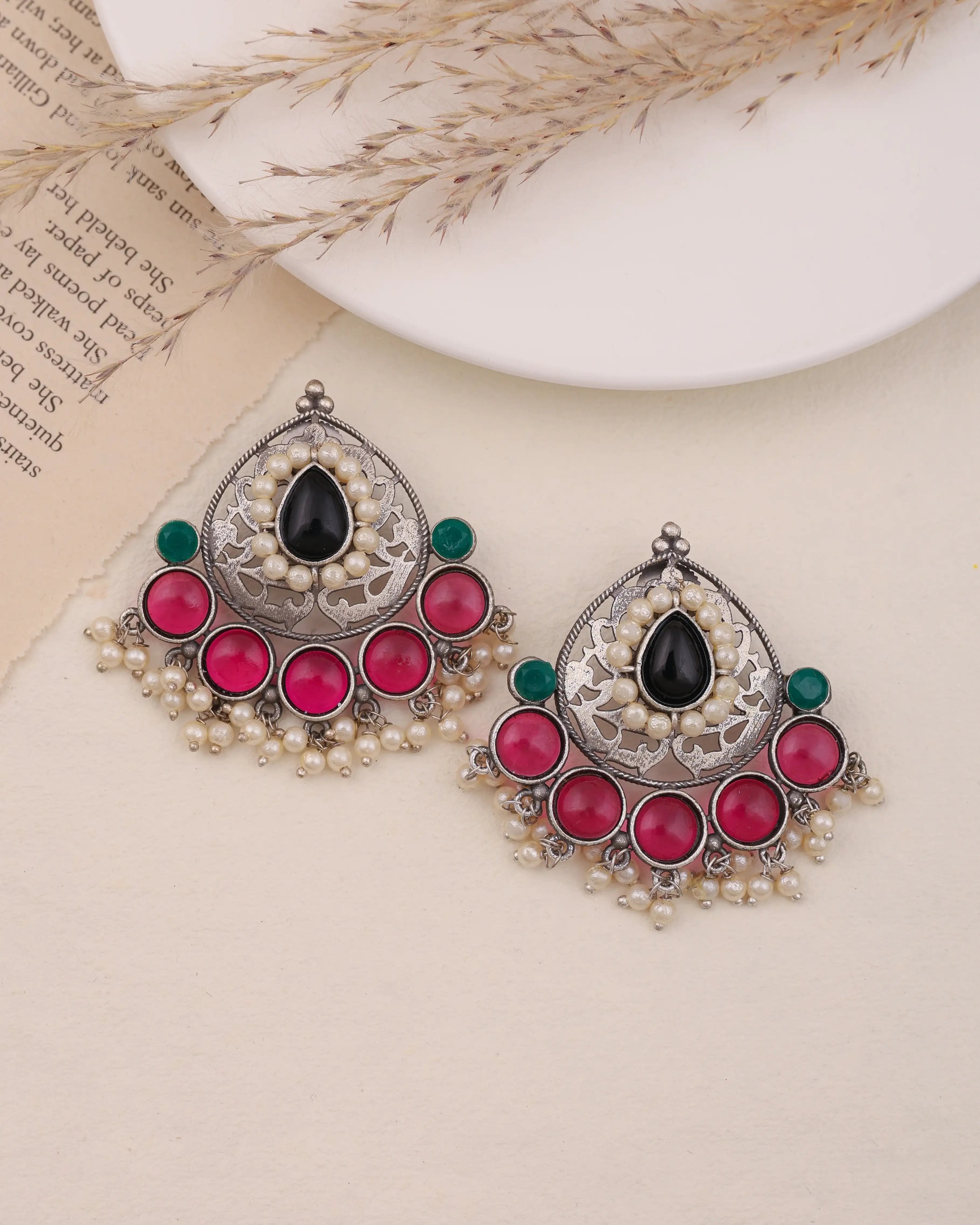 New Ruby & Black Ethnic Stud Earrings