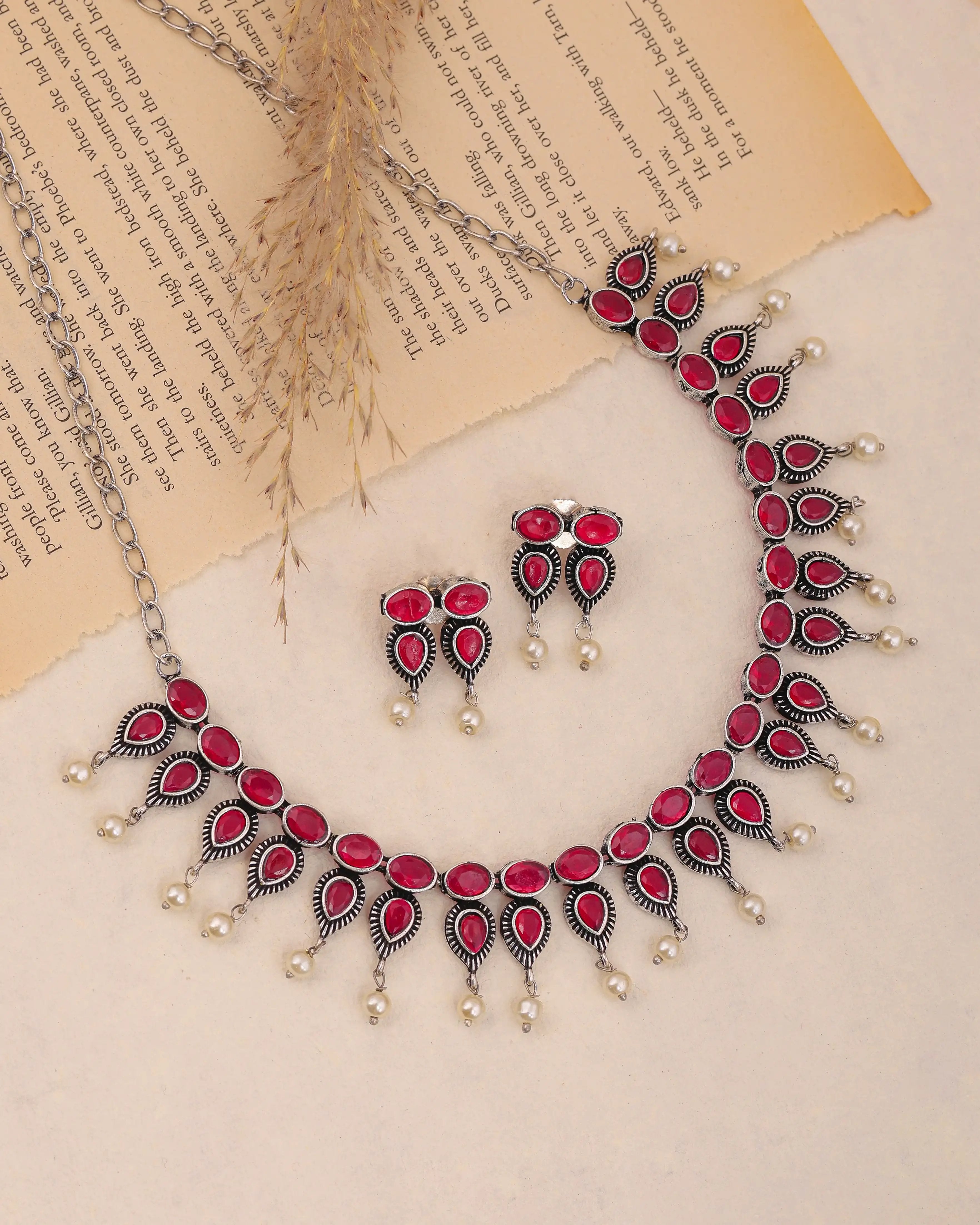 Ruby Silver Oxidized Necklace with Earrings