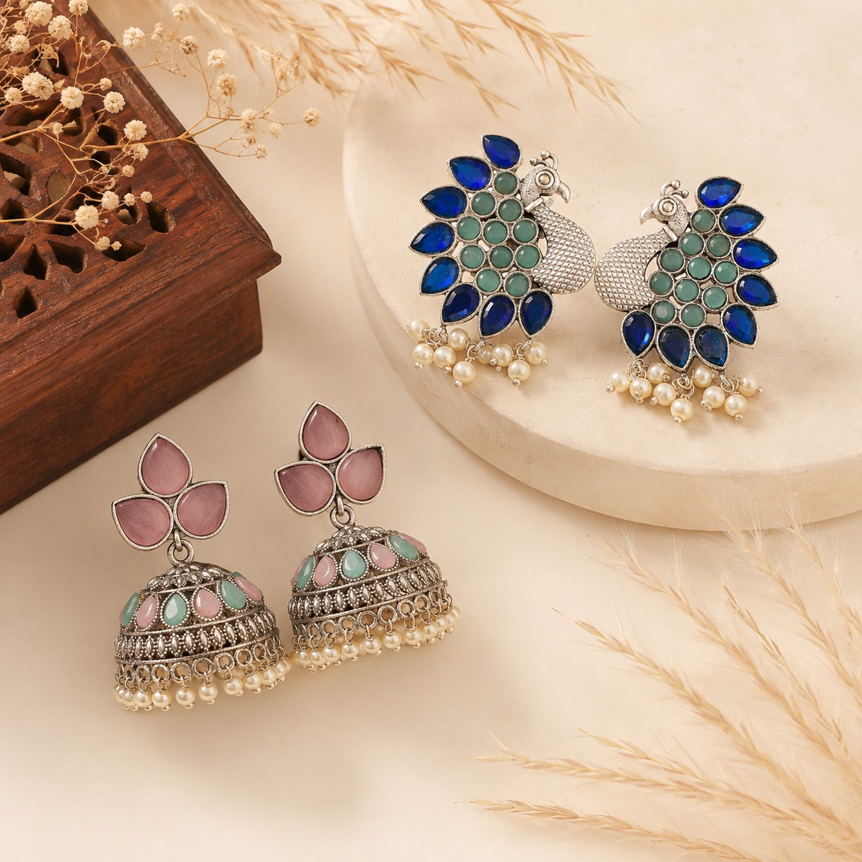 Royal Peacock & Pastel Jhumka Earrings Combo Set