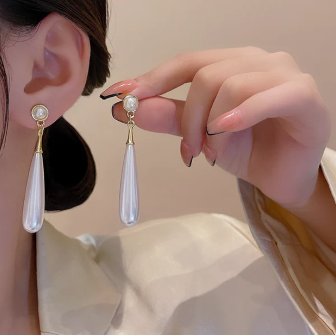 Long pearl drop Korean earrings