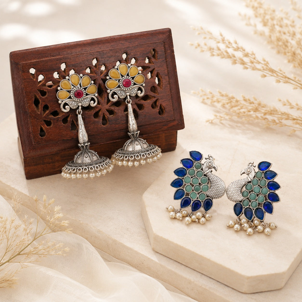 Royal Heritage Jhumka & Peacock Stud Earrings Combo