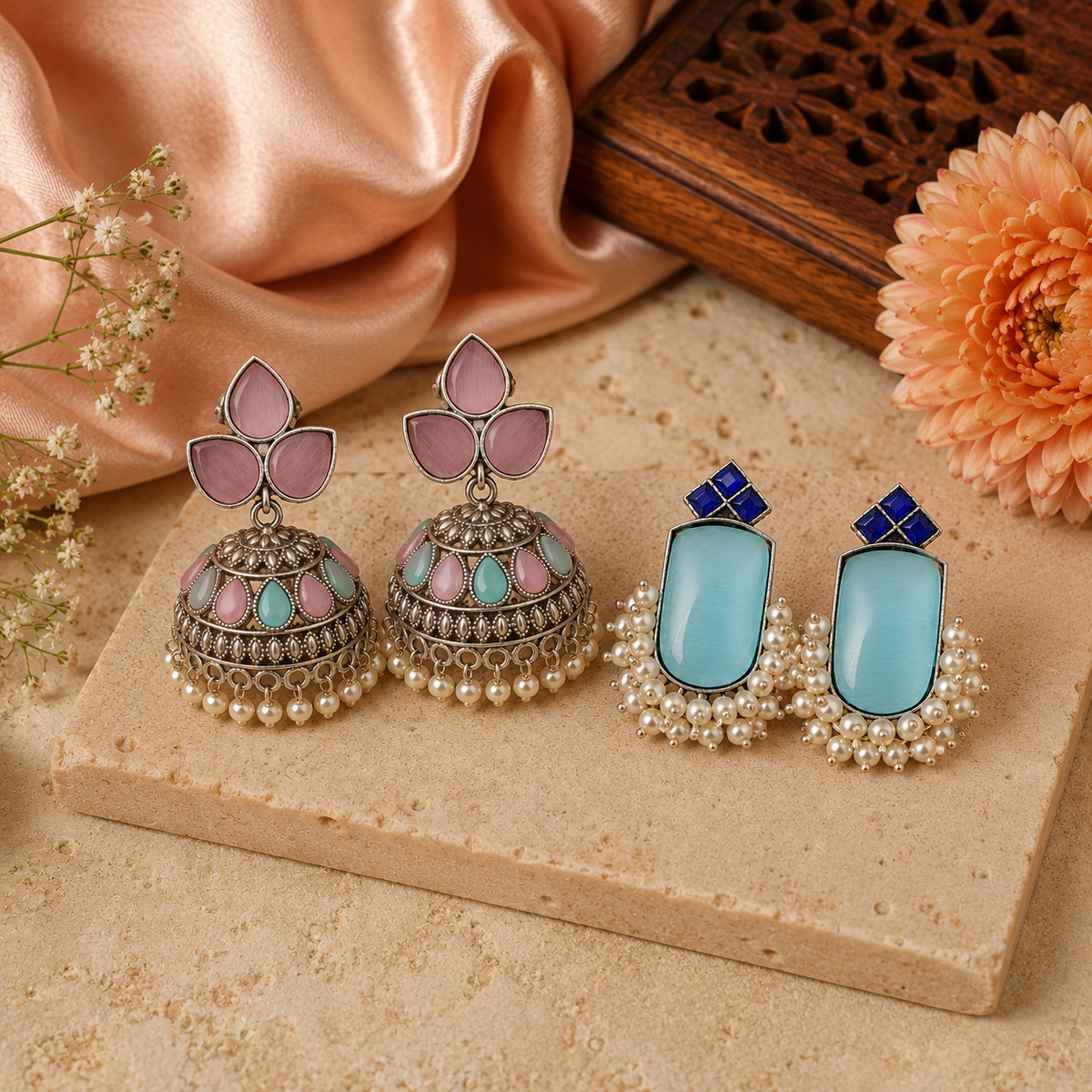 Pastel Jhumka & Pearl Earrings Combo for Women | Set of 2