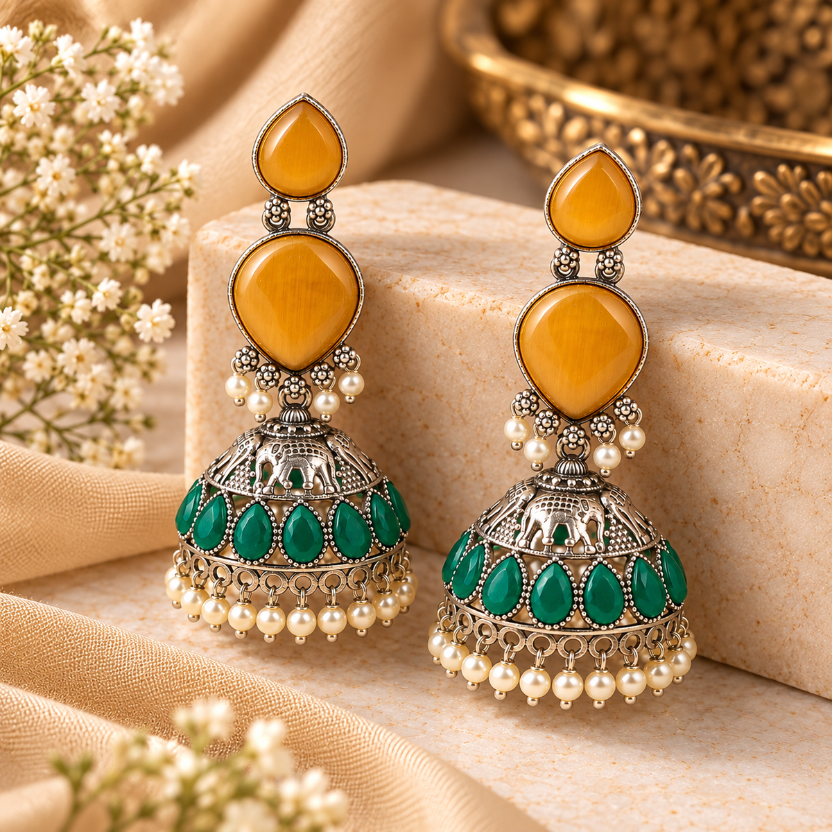 Yellow Jhumki Earrings