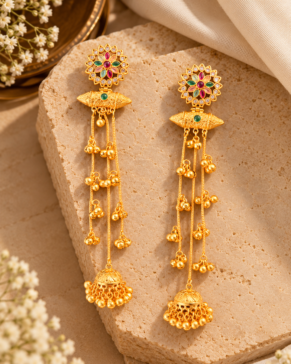 Kashmiri Gold Tone Long Ethnic Earrings