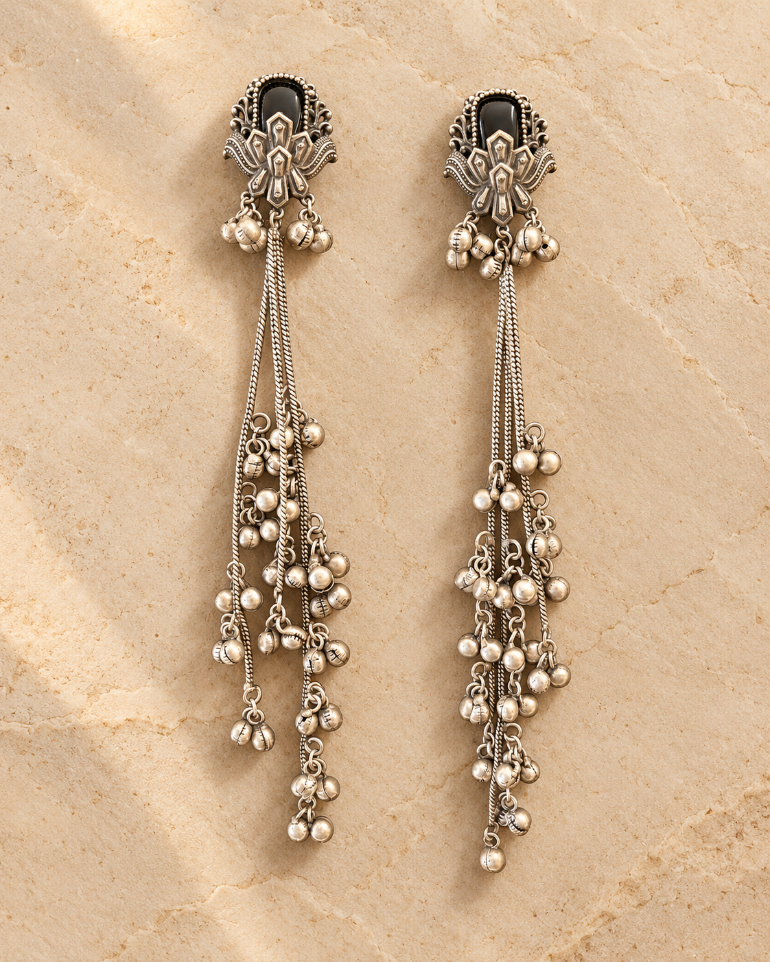 Kashmiri Oxidized Silver Long Earrings
