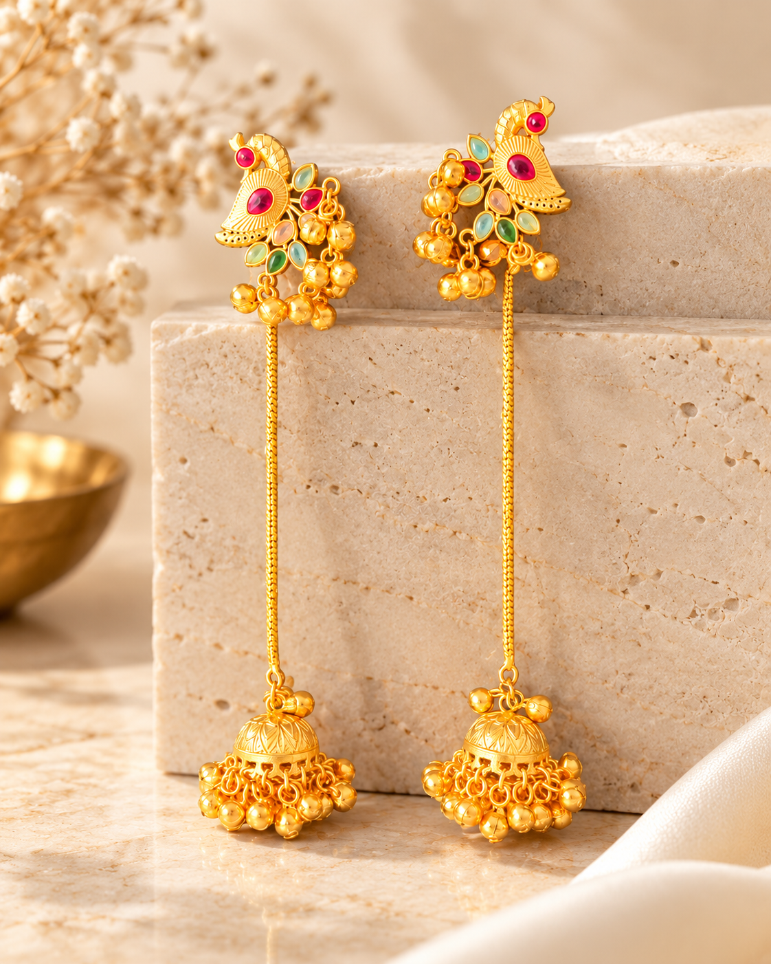 Peacock Kashmiri Gold Tone Long Jhumkha