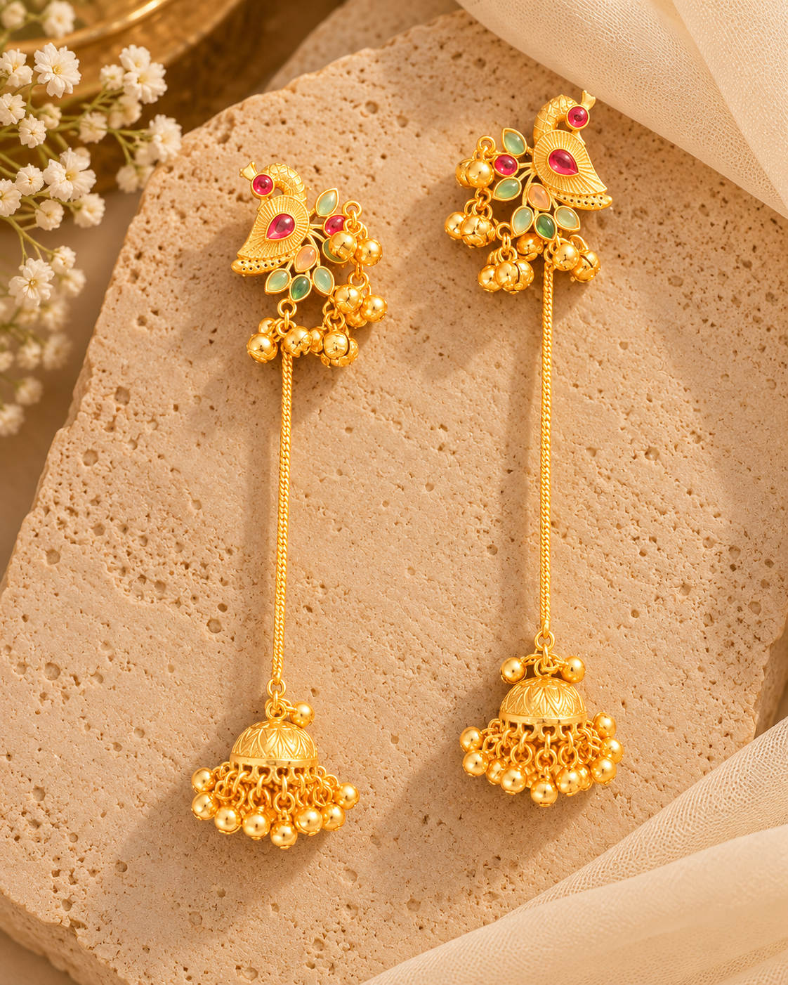 Peacock Kashmiri Gold Tone Long Jhumkha