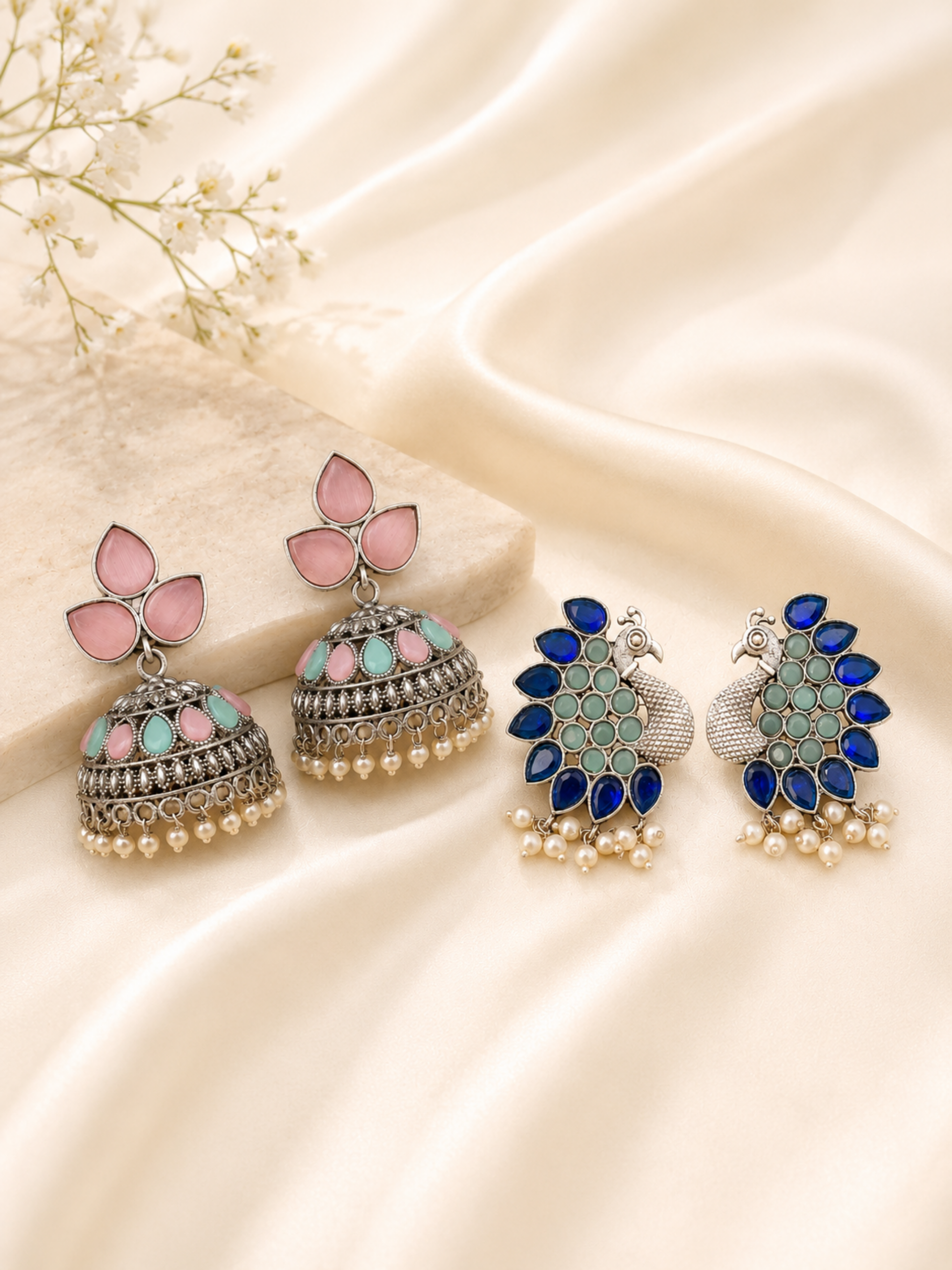 Royal Peacock & Pastel Jhumka Earrings Combo