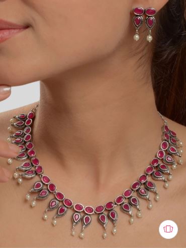 Ruby Silver Oxidized Necklace with Earrings